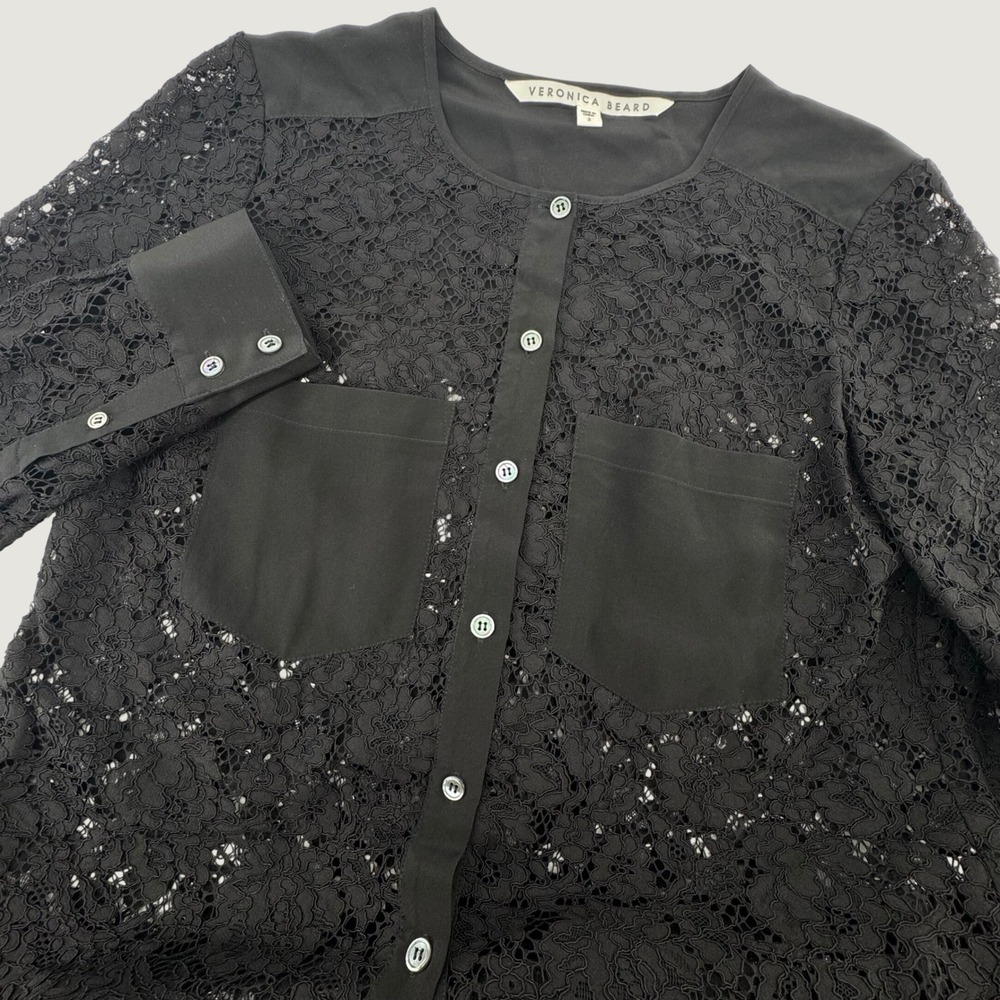 Veronica Beard Lace Button Down Top Womens 2 Black Floral Sheer Long Sleeve
